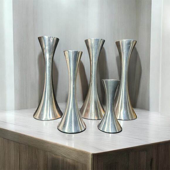 5 New Stainless Steal Hourglass Candle Sticks-MCM- Scandinavian Design- 8”6”4” - Picture 2 of 11